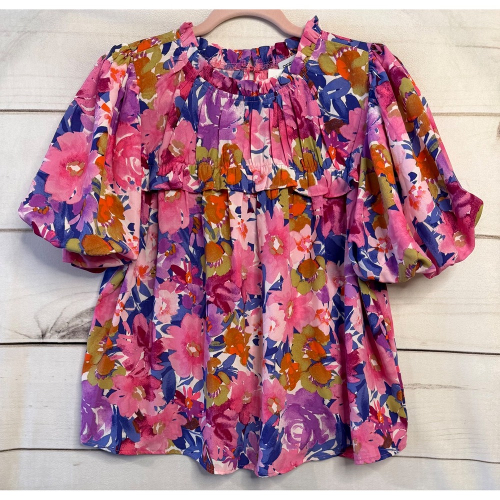 Periwinkle Collection Searcy‎ Print Top Floral Puff Sleeve Blouse Pink Purple M